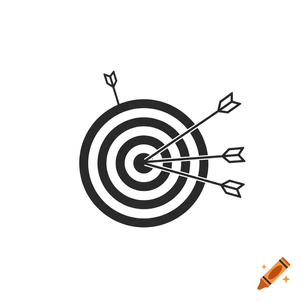 Black and white icon of an archery target with one arrow in the bullseye and three in the outer rings.