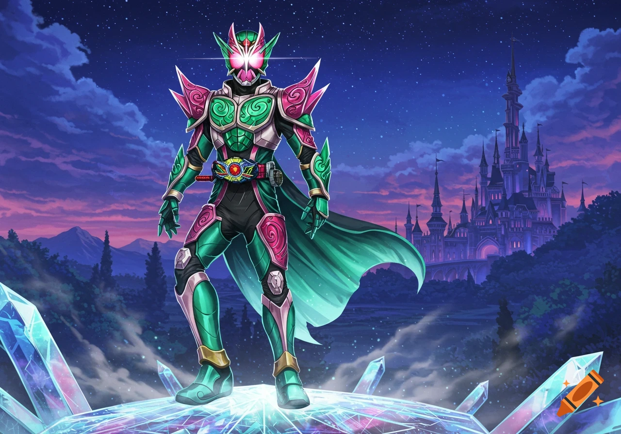 A green and pink armored superhero with glowing eyes stands on glowing crystals before a fantasy castle at night.