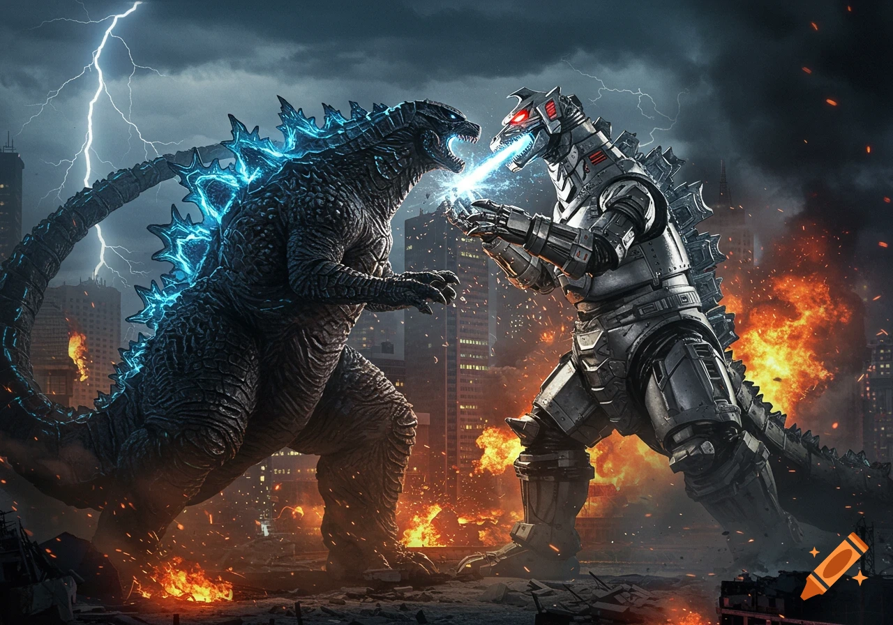 Godzilla and Mechagodzilla battle in a devastated city with lightning and fire.