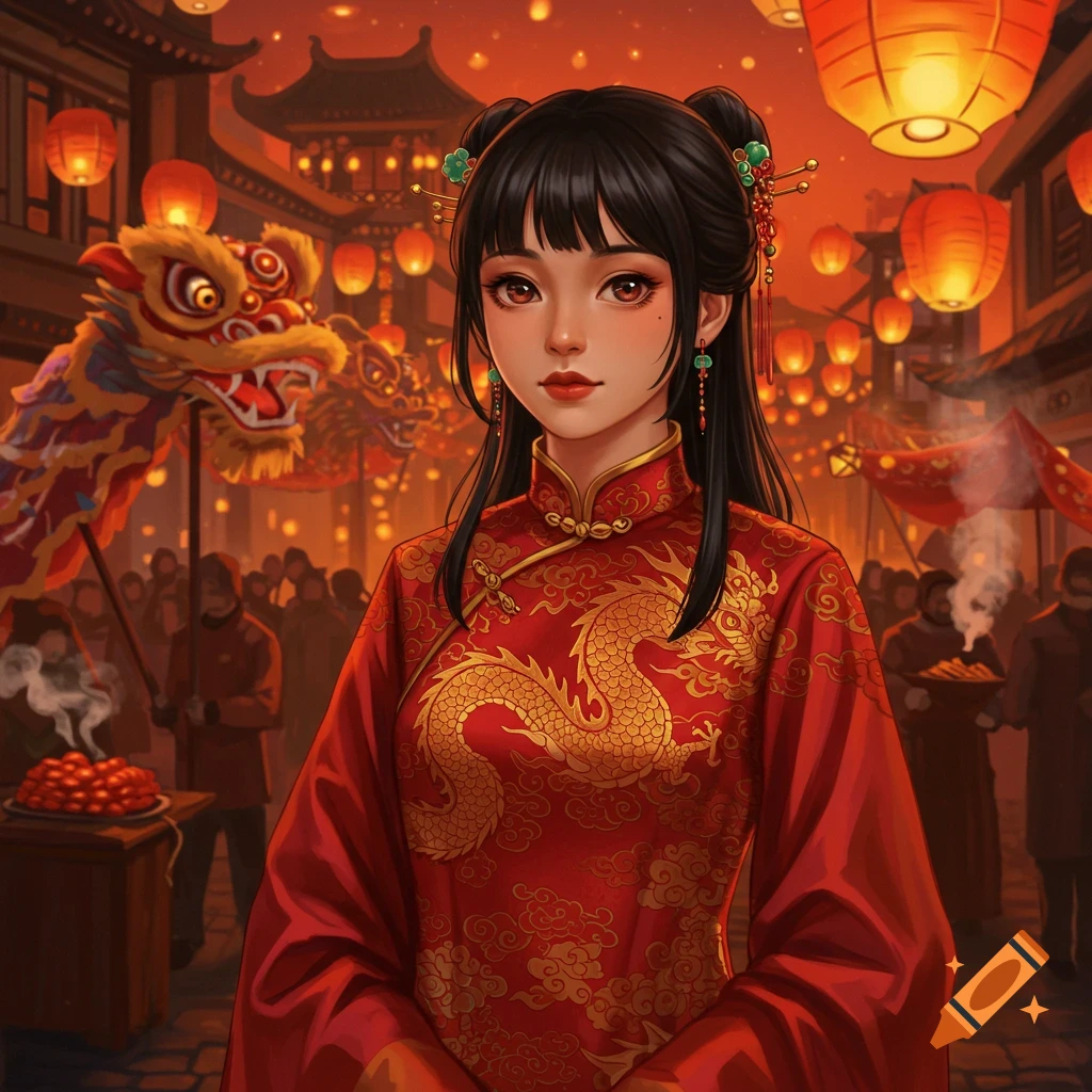 Young woman in a red dragon-embroidered cheongsam at a Chinese New Year festival with lanterns and a dragon dance, anime style.