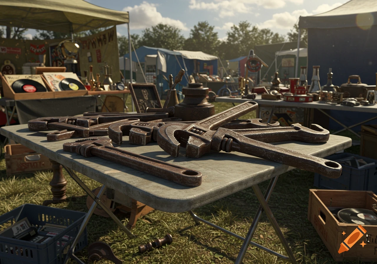 Photorealistic image of rusty pipe wrenches on a table at an outdoor car boot sale under a sunny sky.