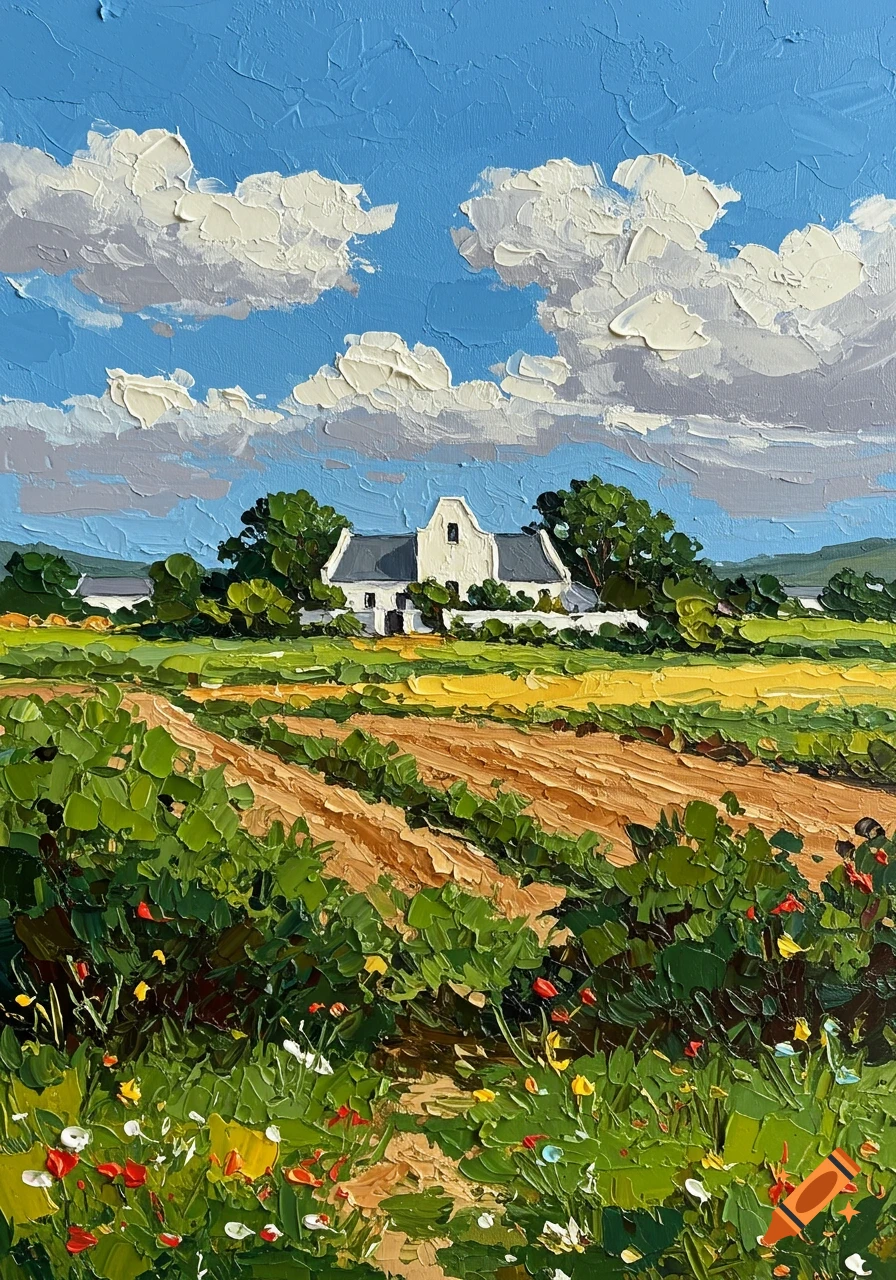 Impasto oil painting of a white Cape Dutch house amidst green and yellow fields under a blue, cloudy sky.