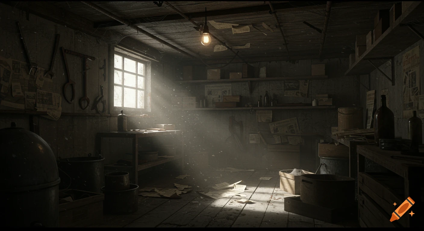 A ray of light illuminates dust particles in a dark, messy, abandoned basement with old papers on the floor and shelves.