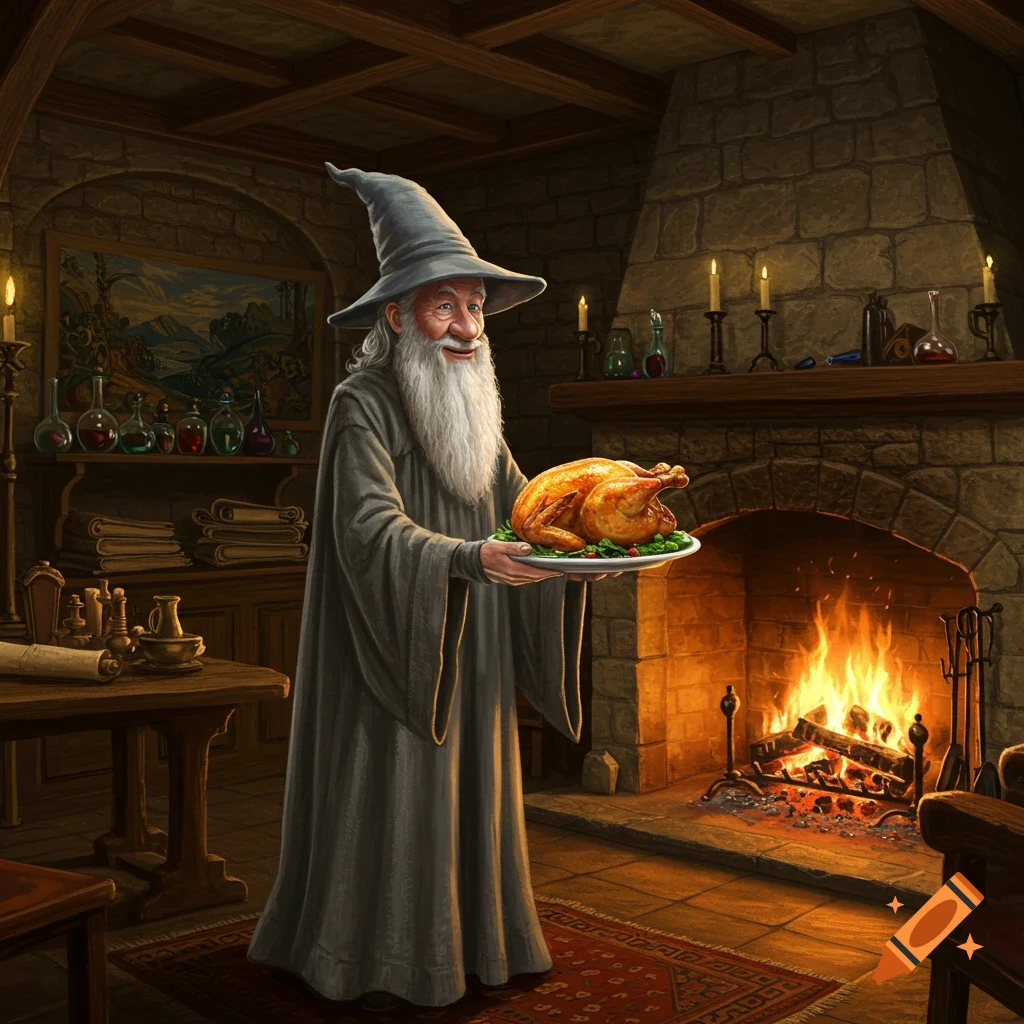 A wise old wizard, similar to Gandalf, holds a roasted chicken on a plate in front of a cozy stone fireplace, surrounded by potion bottles.