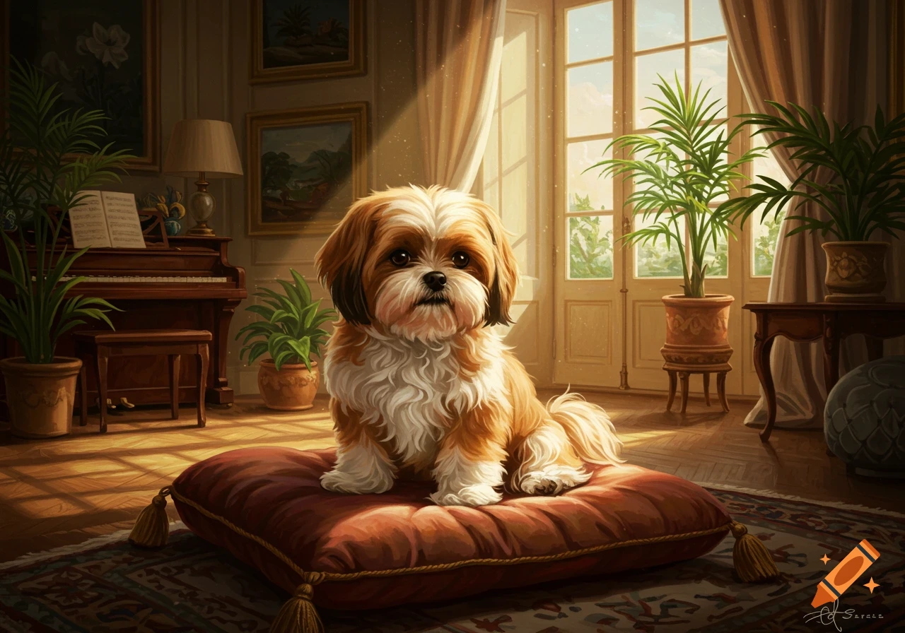 A fluffy brown and white Shih Tzu dog sits on a red pillow in a sunlit elegant room with plants and a piano.