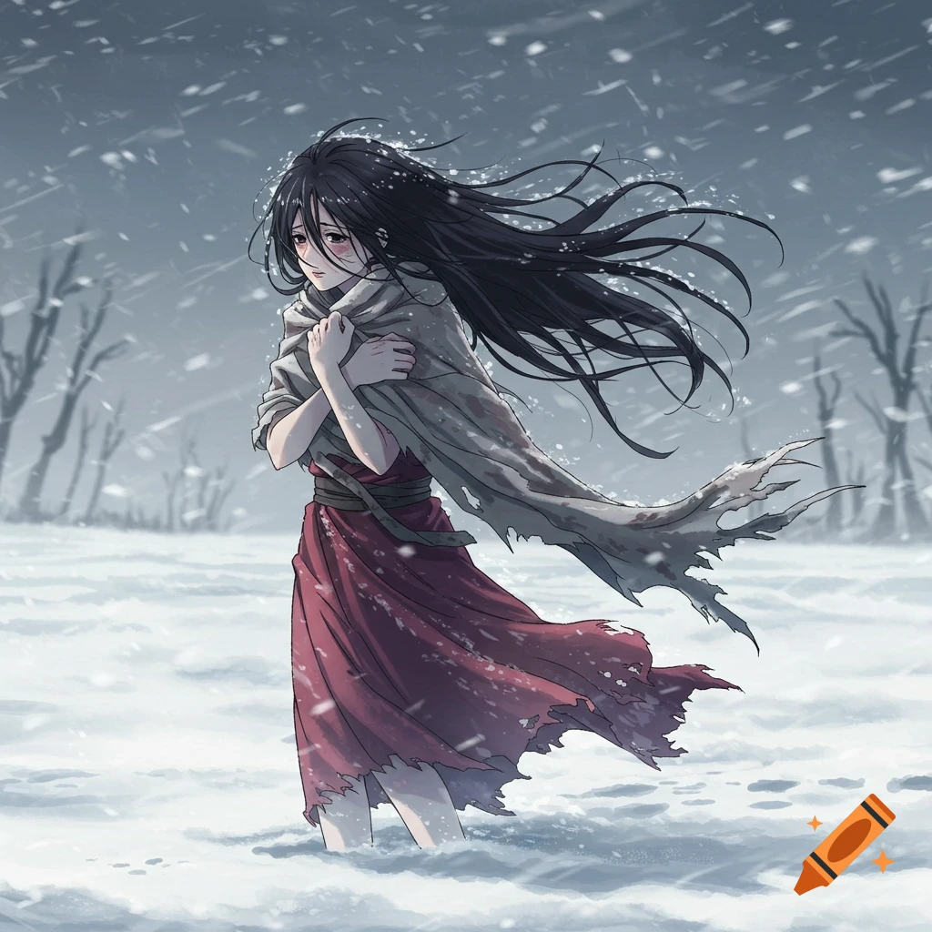 An anime woman with long dark hair, wrapped in a tattered shawl, shivers in a desolate snowy landscape with bare trees.