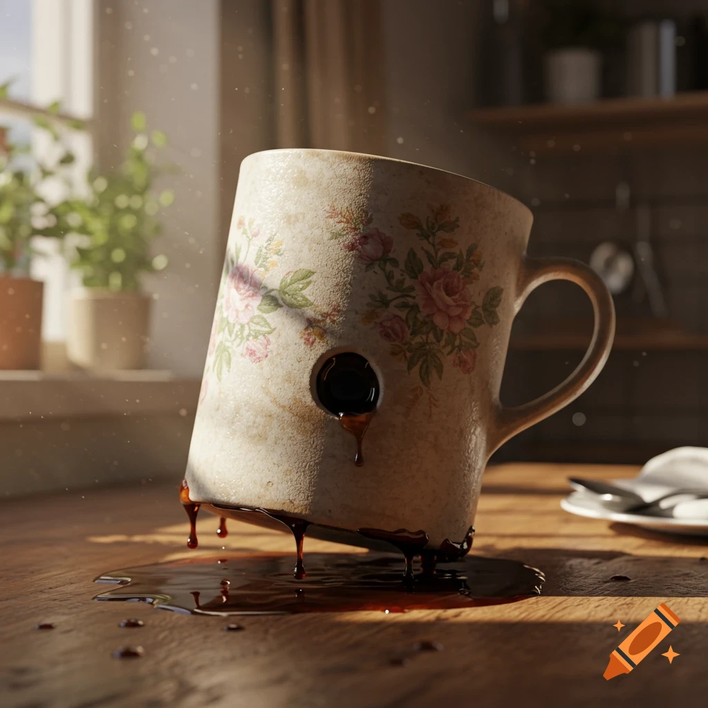 A photorealistic close-up of a floral patterned mug on its side, spilling coffee through a hole onto a wooden table in sunlight.