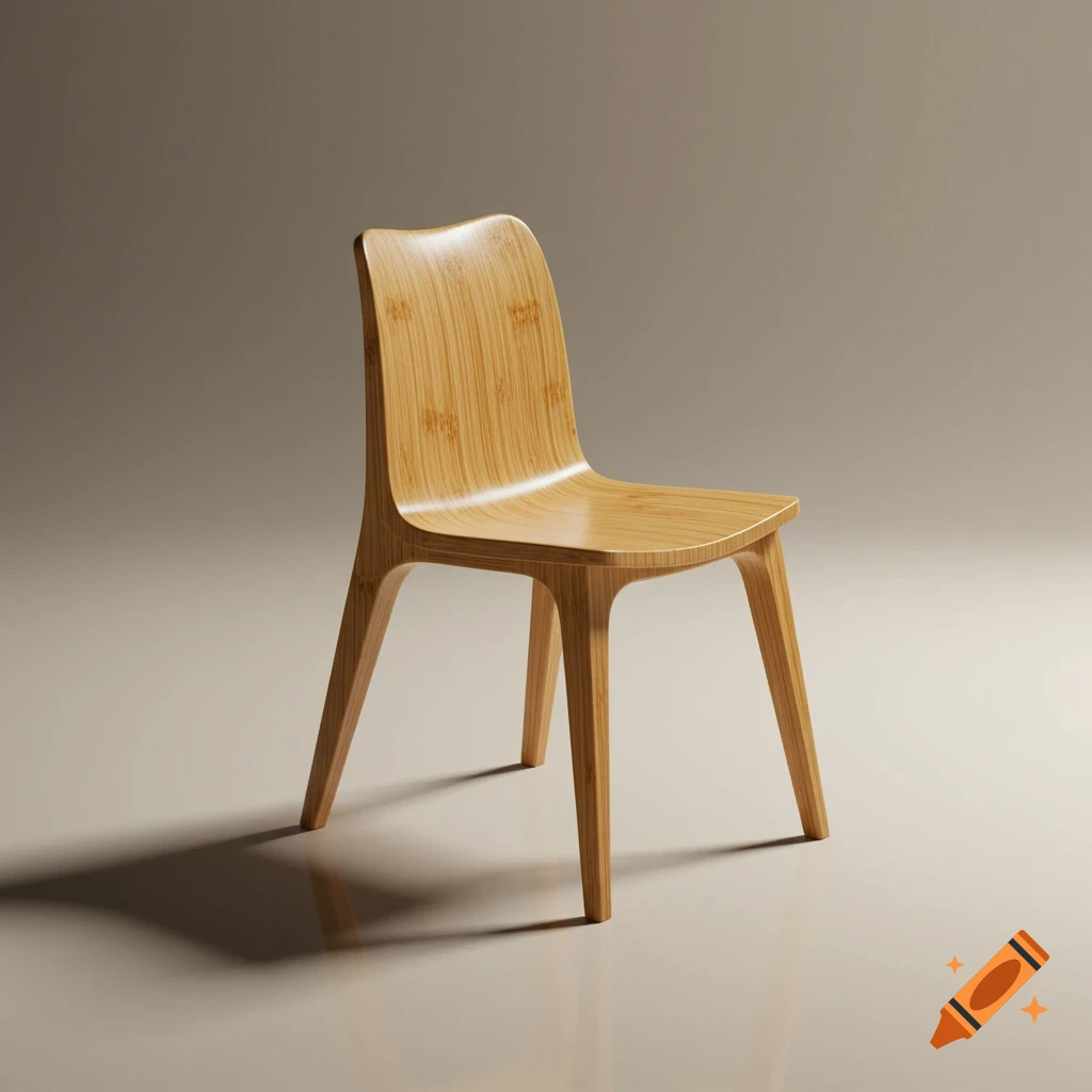 A light wood, minimalist chair with a curved back and seat, standing on a light beige surface with a soft shadow.