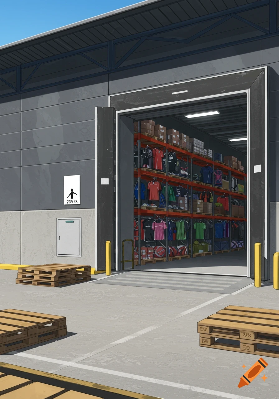 Illustrated exterior of a warehouse loading dock with an open bay revealing shelves of sports clothing inside.