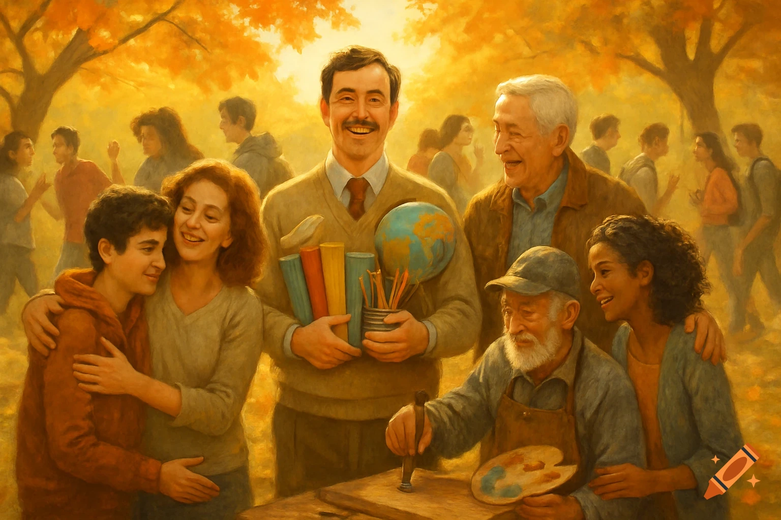 A warm, painterly scene of diverse people of all ages, including students, teachers, and an artist, celebrating community and learning in an autumnal park.