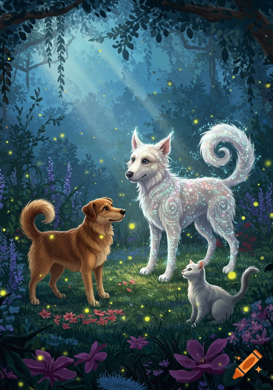 Illustration of a brown dog, a glowing white wolf, and a white cat in a magical, firefly-lit forest.