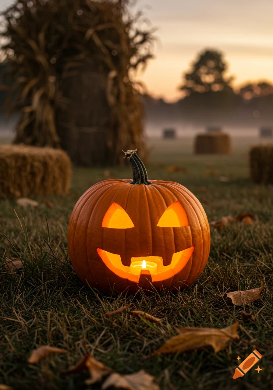 Photorealistic image of a carved, glowing pumpkin in a misty autumn field at sunset.