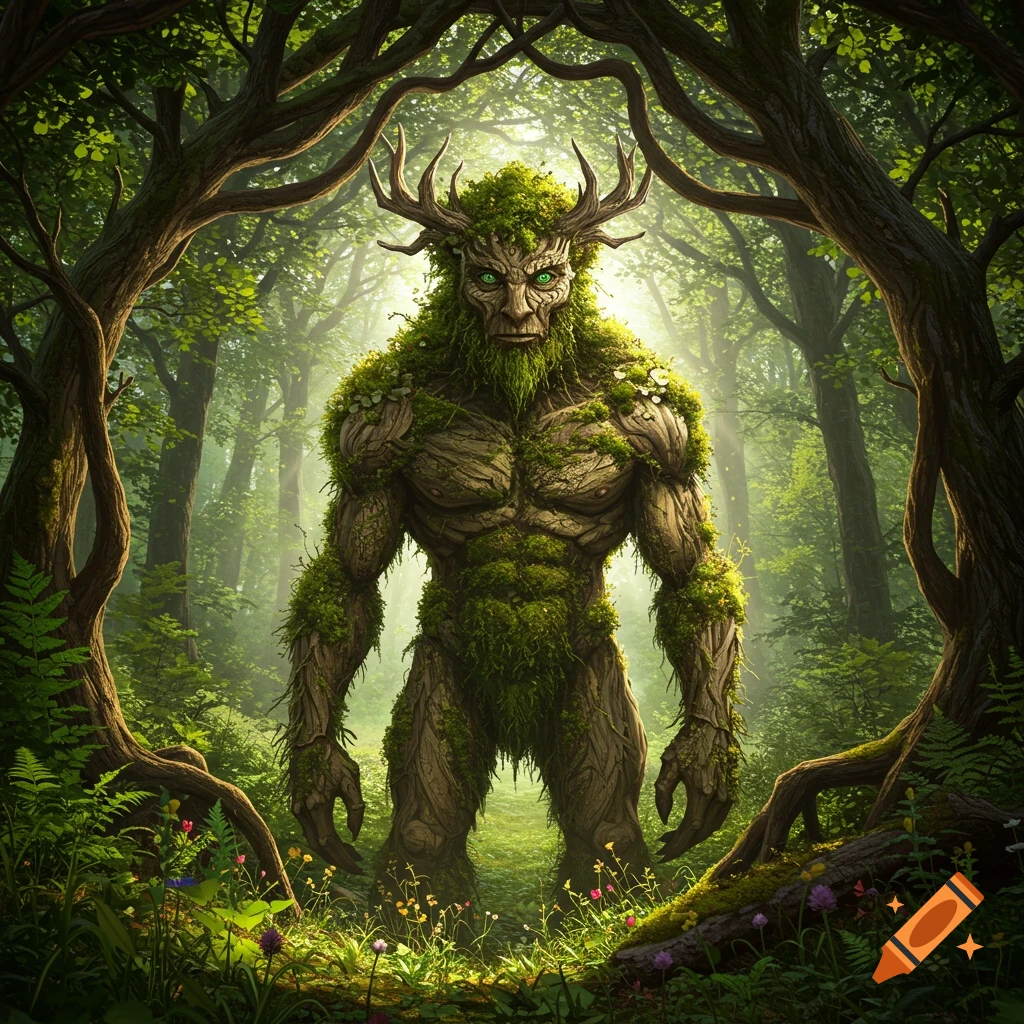 Photorealistic image of a mythical woodwose with antlers and mossy bark skin, standing in a lush, sun-dappled forest.