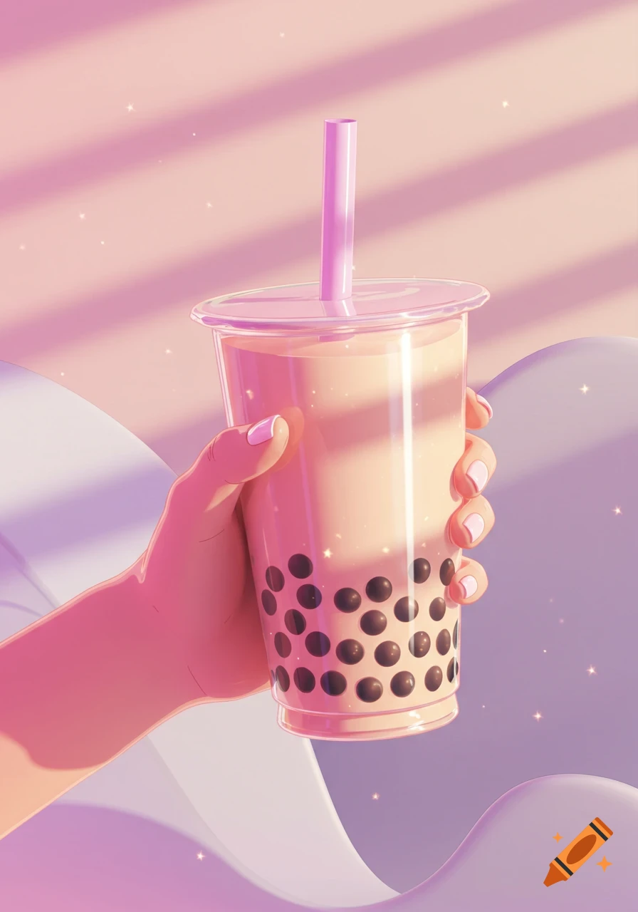 A cartoon illustration of a hand holding a boba tea in a pink and purple setting with sparkling highlights.