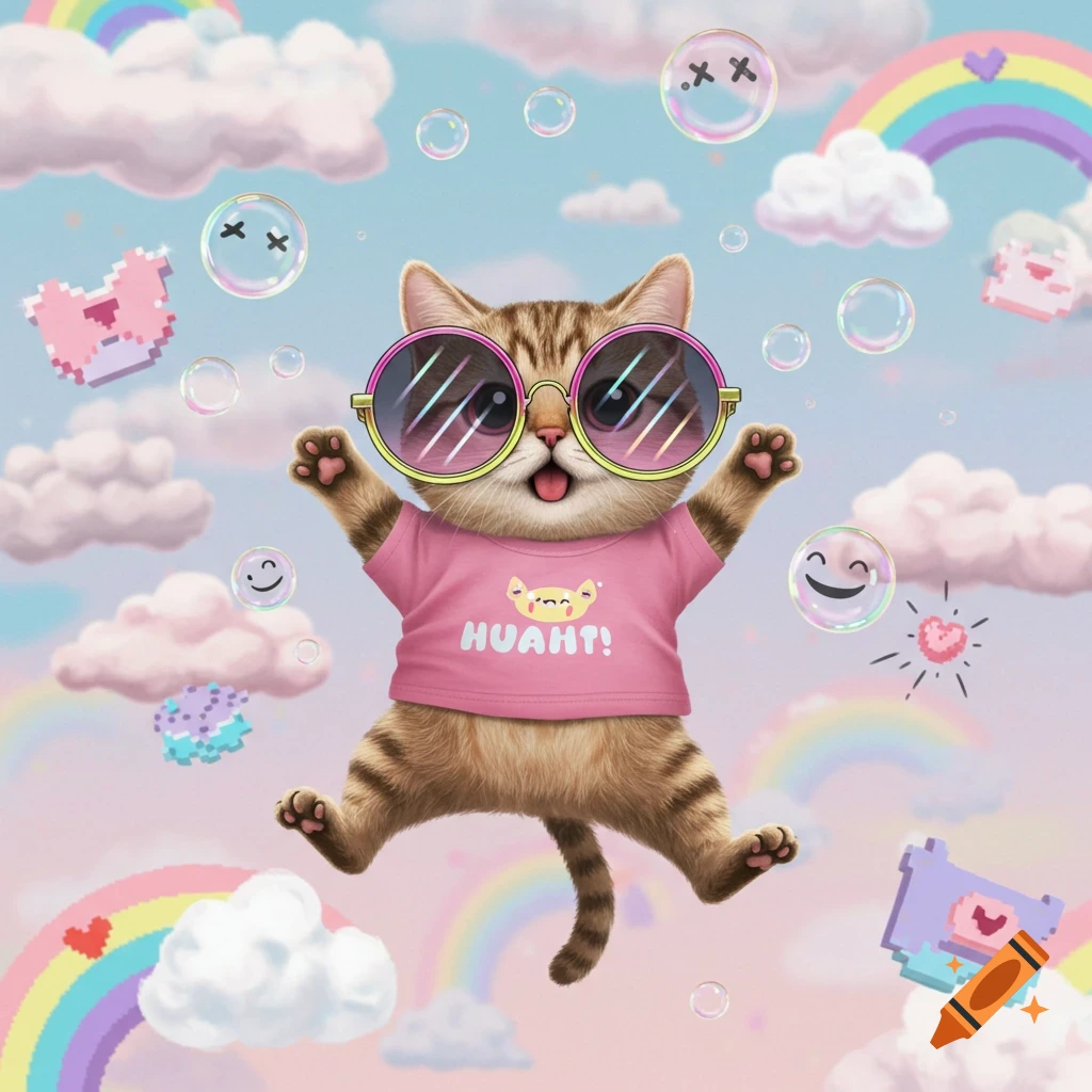 A cute, cartoonish tabby cat wearing sunglasses and a pink shirt, jumping among clouds, rainbows, and bubbles in a whimsical, colorful sky.