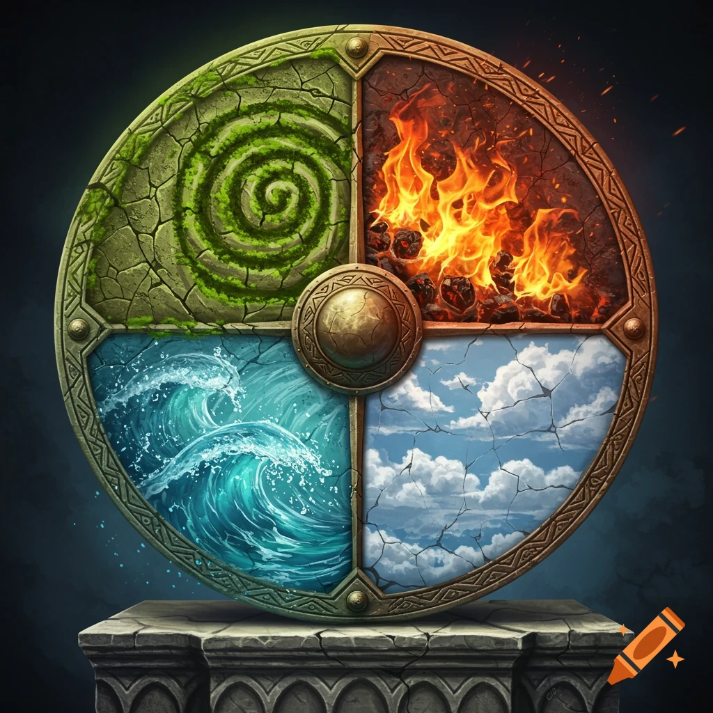 An ancient, ornate shield divided into four elemental quadrants: earth with a green spiral, fire with flames, water with waves, and air with clouds.