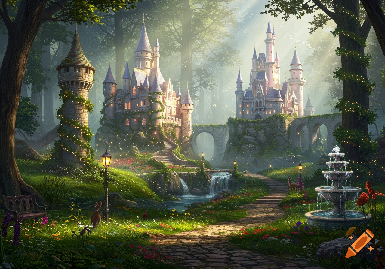 A magical fantasy landscape with two ornate castles, lush green forests, twinkling lights, waterfalls, and a stone path through vibrant flowers.