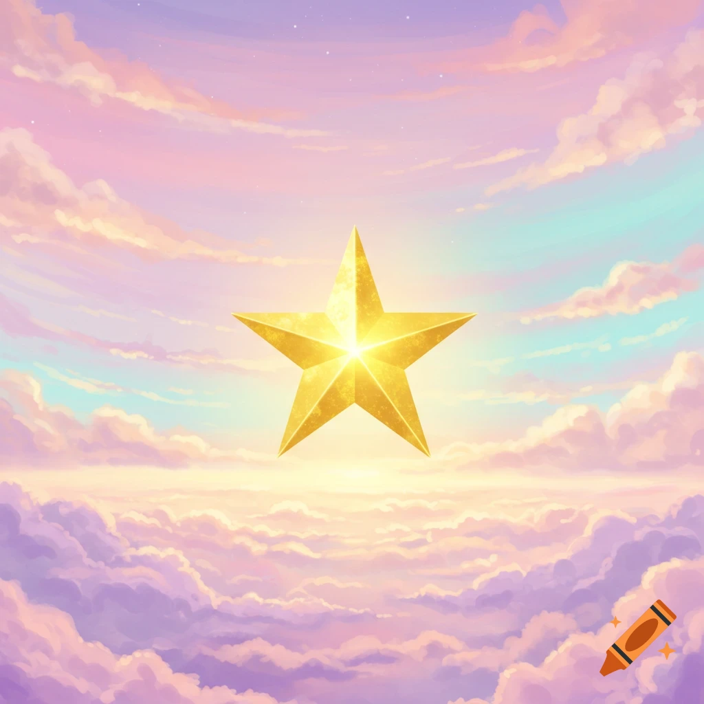 A bright golden star shines in a pastel sky filled with soft pink and purple clouds.