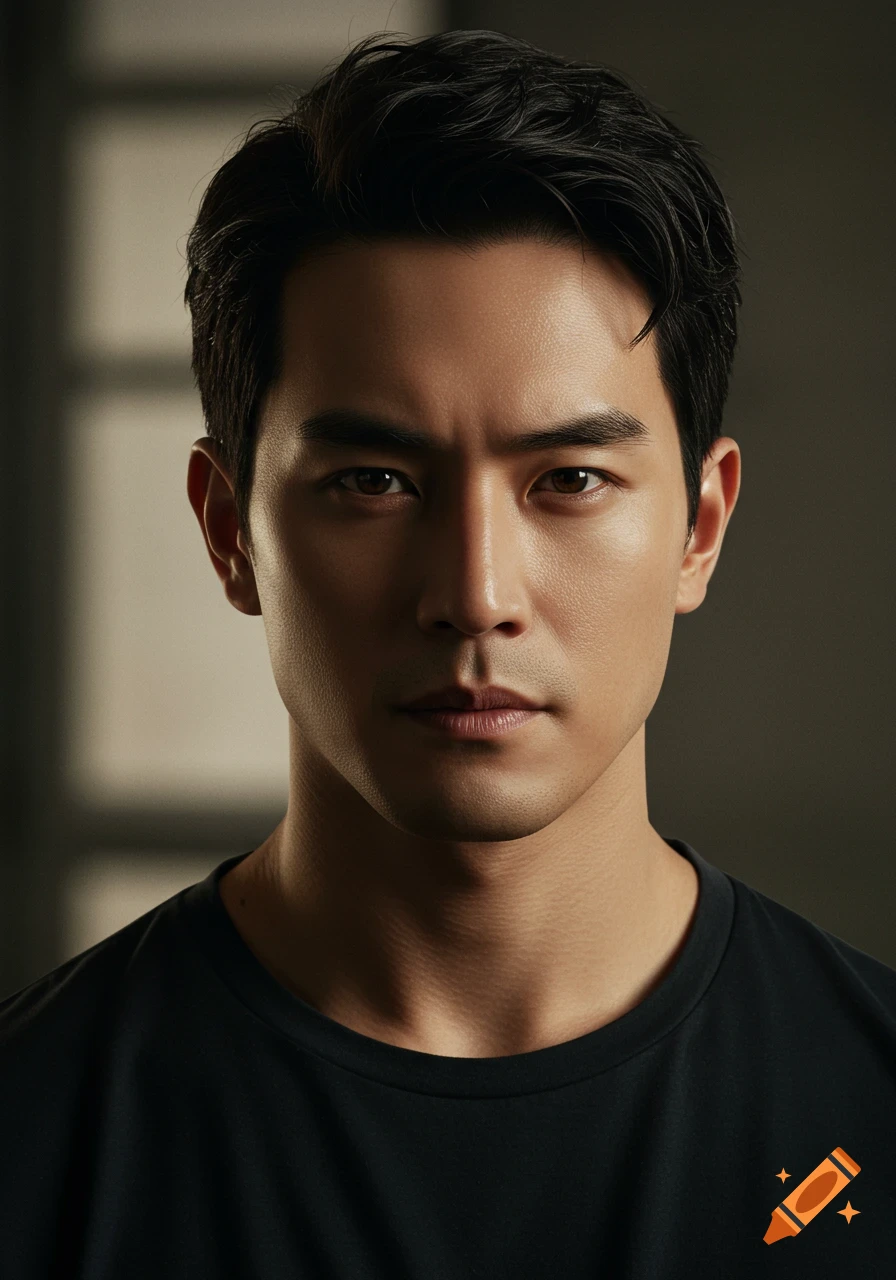 Photorealistic portrait of a handsome adult man with dark hair and a serious expression looking directly at the viewer.