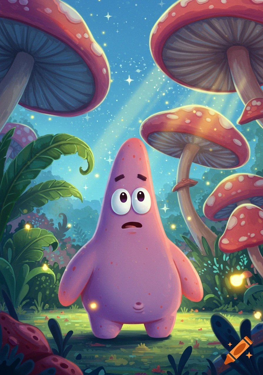 Patrick Star looks confused in a magical mushroom forest with glowing plants and sparkling stars in the sky. Cartoon style.