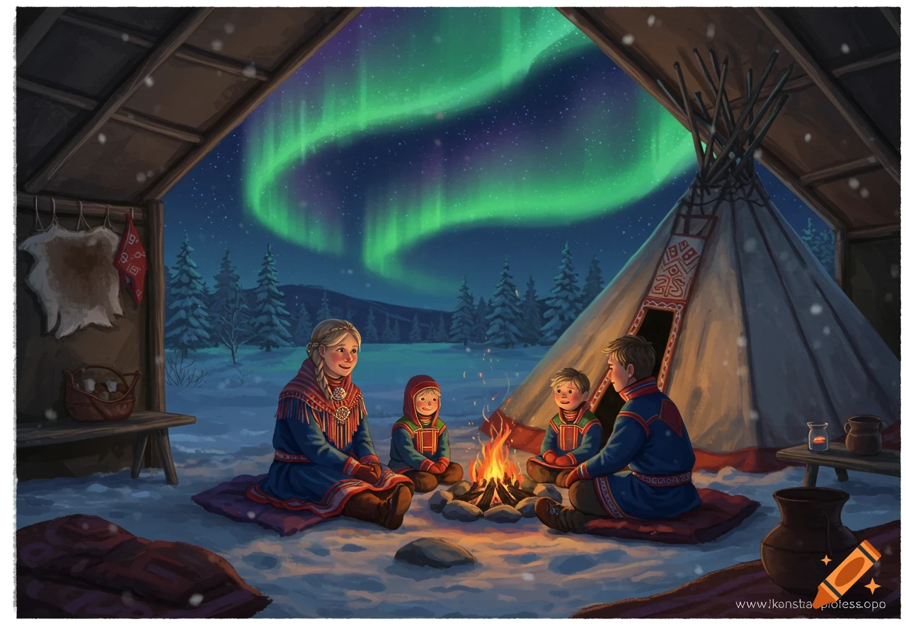 An illustrated Sami family in traditional clothing sits around a campfire inside a dwelling, with the green Northern Lights visible in the snowy landscape outside.