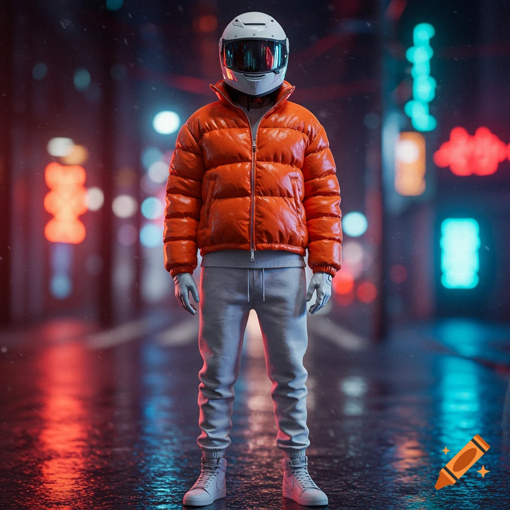 A person in an orange puffer jacket and white motorcycle helmet stands on a wet, neon-lit urban street at night.