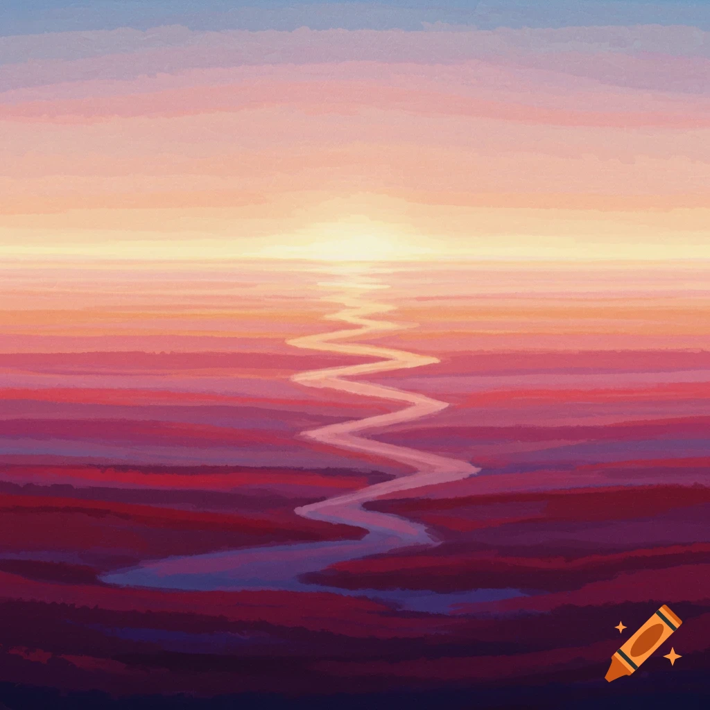 Abstract painting of a sunset over a layered landscape with a zig-zagging river reflecting light, in colors of blue, orange, red, and purple.