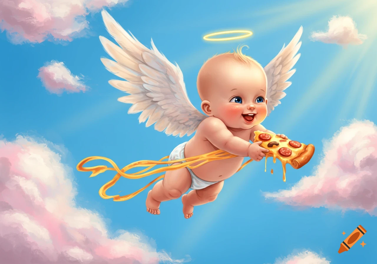 A cute cartoon baby angel with white wings flies through a blue sky with pink clouds, happily holding a slice of melting pizza.