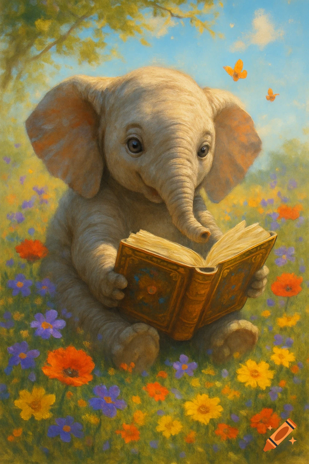 A cute baby elephant sits in a vibrant field of flowers, happily reading a large book under a blue sky, in a painterly style.