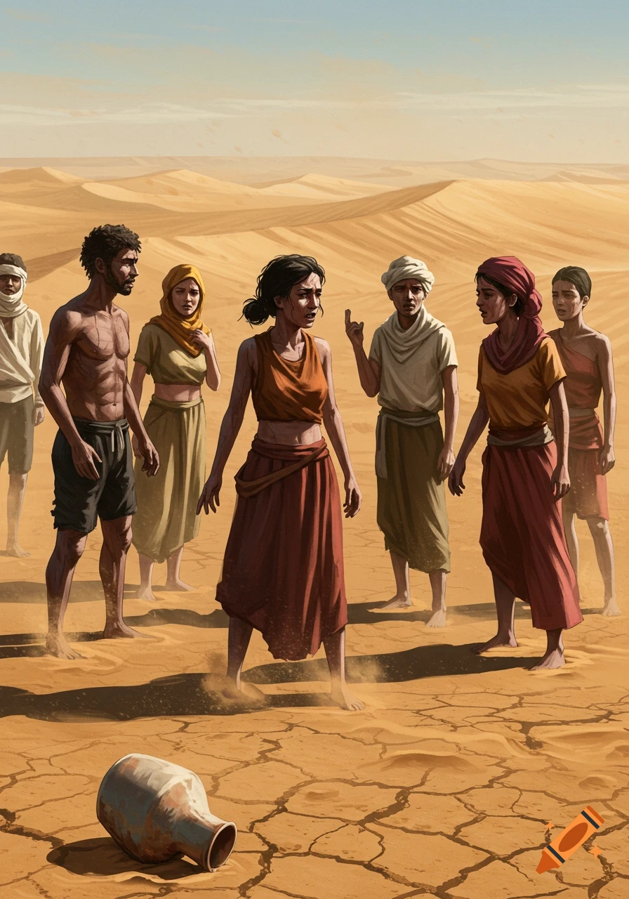 Illustration of a distressed group of people, some in head coverings, standing on cracked desert ground next to a broken pot in a desert landscape.