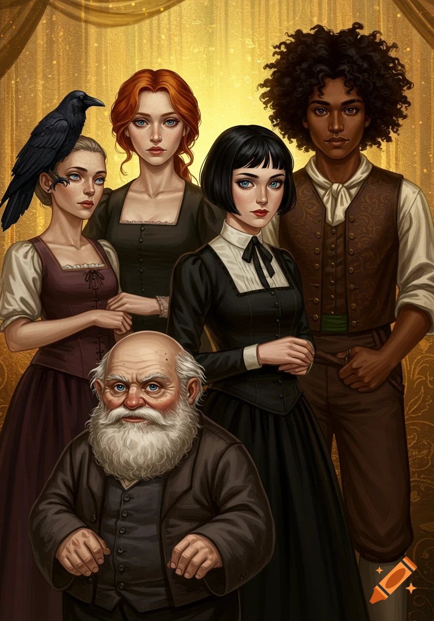 An illustrated portrait of five people in antique attire: an old man with a white beard, three women, one with red hair, one with a black bob, one with a crow on her shoulder, and a young man with curly hair, all on a golden background.