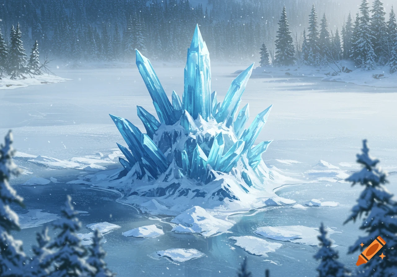 Large glowing blue ice crystals emerge from a frozen lake in a snowy forest landscape under a light snowfall.