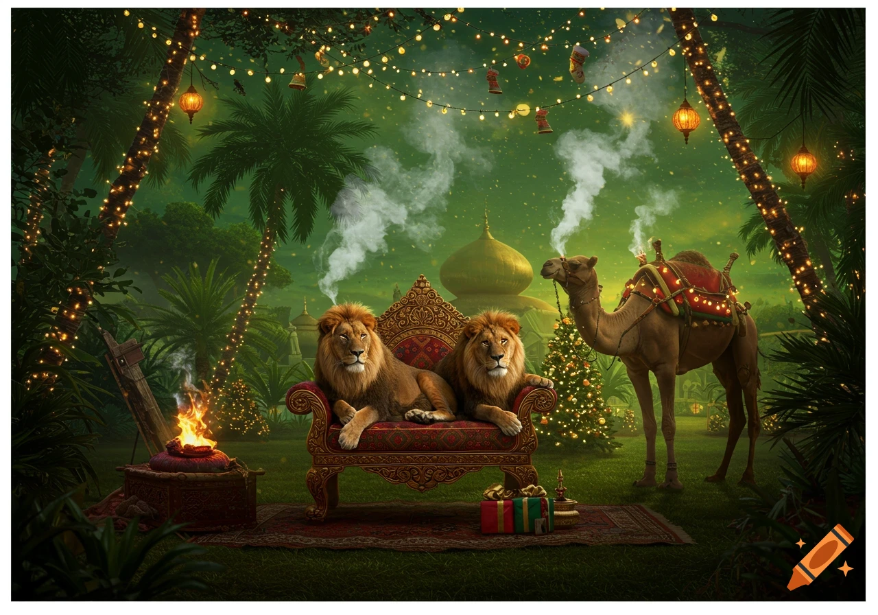 Two lions on an ornate chair, a camel, and a bonfire in a festive jungle with Christmas lights and a mosque.