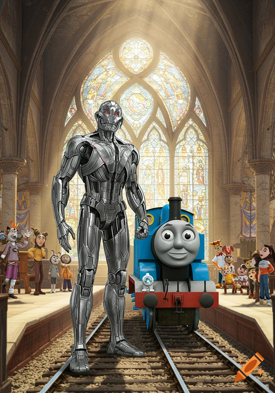Ultron stands beside Thomas the Tank Engine on train tracks inside a grand cathedral with stained glass windows, other cartoon characters in the background.