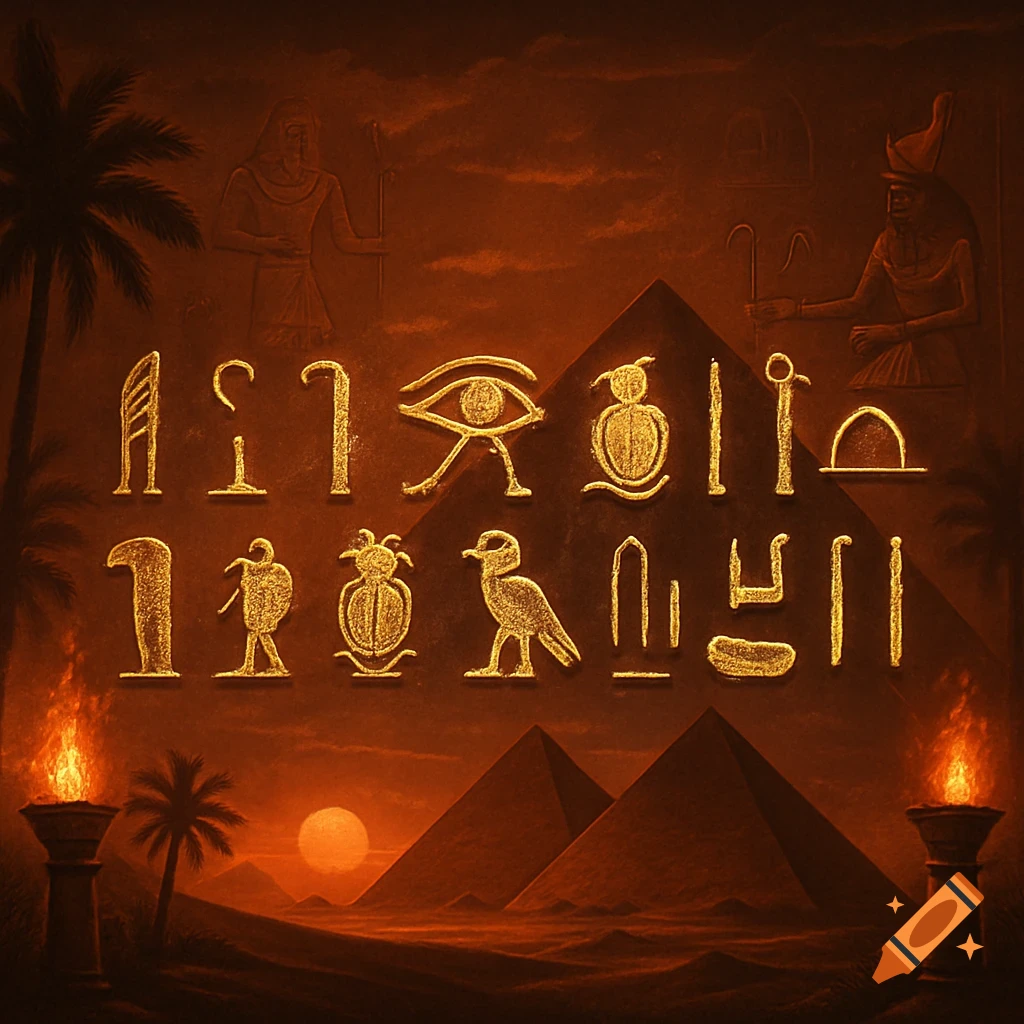 Golden Egyptian hieroglyphs on a textured reddish-brown wall with pyramids, palm trees, and torches under a sunset in the desert.