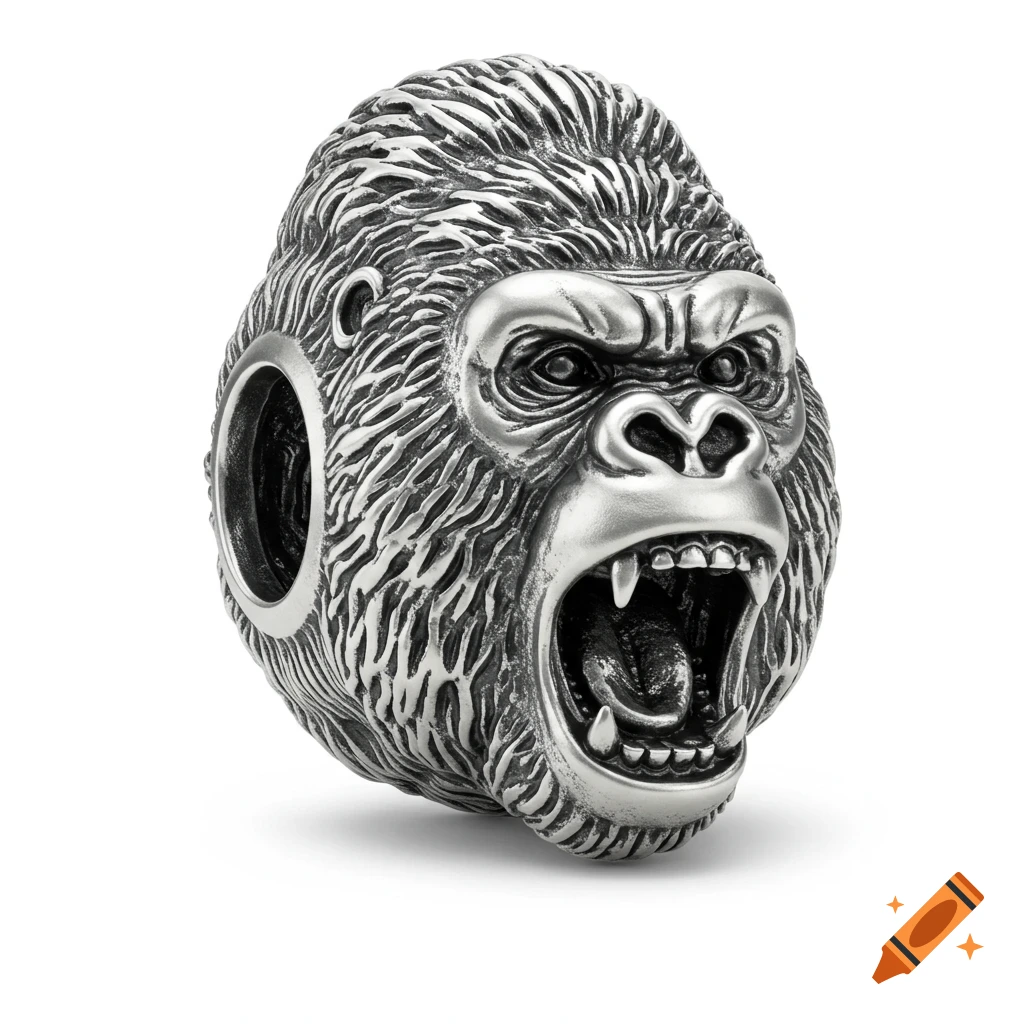 A highly detailed silver bead shaped like a roaring gorilla head, depicted as a realistic 3D model on a white background.