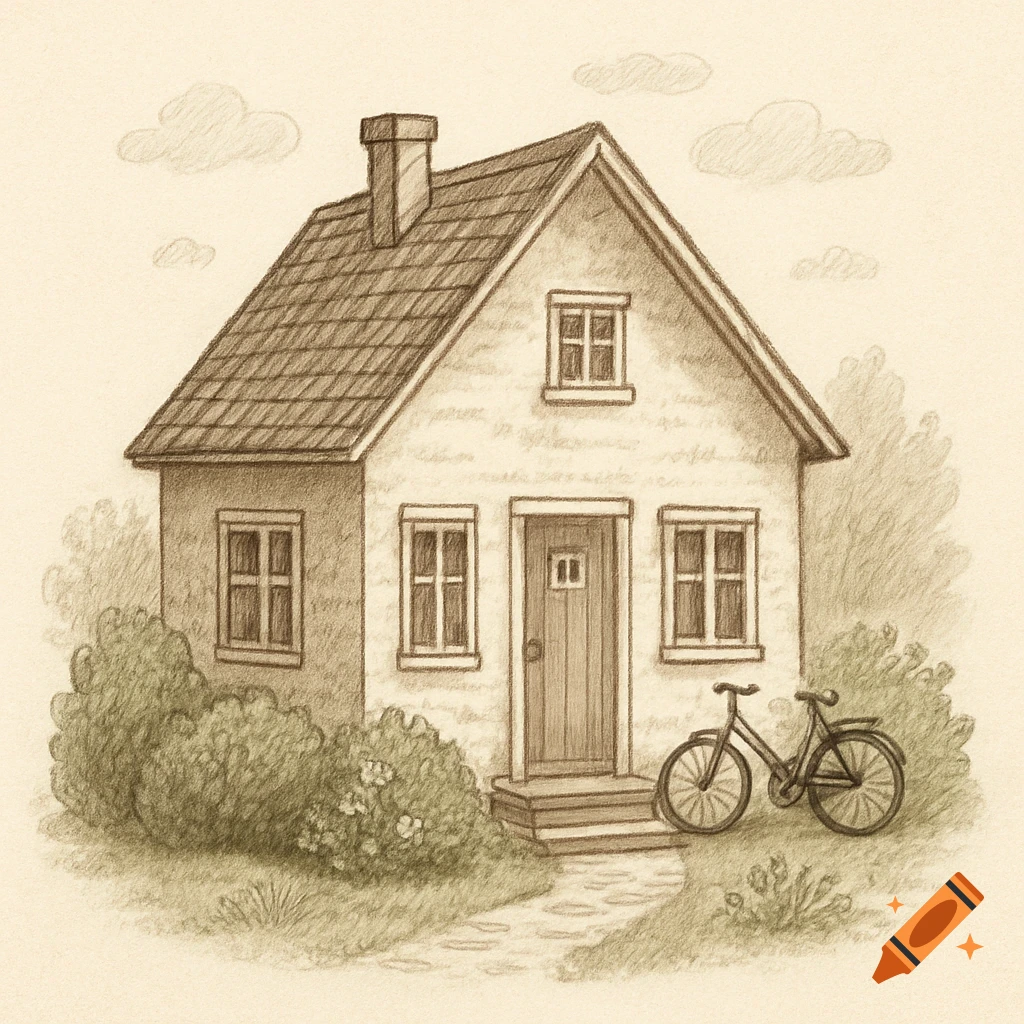 Pencil sketch of a quaint house with a gabled roof, a path leading to the door, bushes, and a bicycle parked outside.