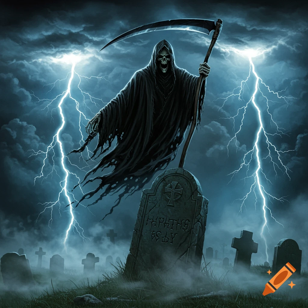 A Grim Reaper hovers over a tombstone in a dark, stormy graveyard with lightning strikes.