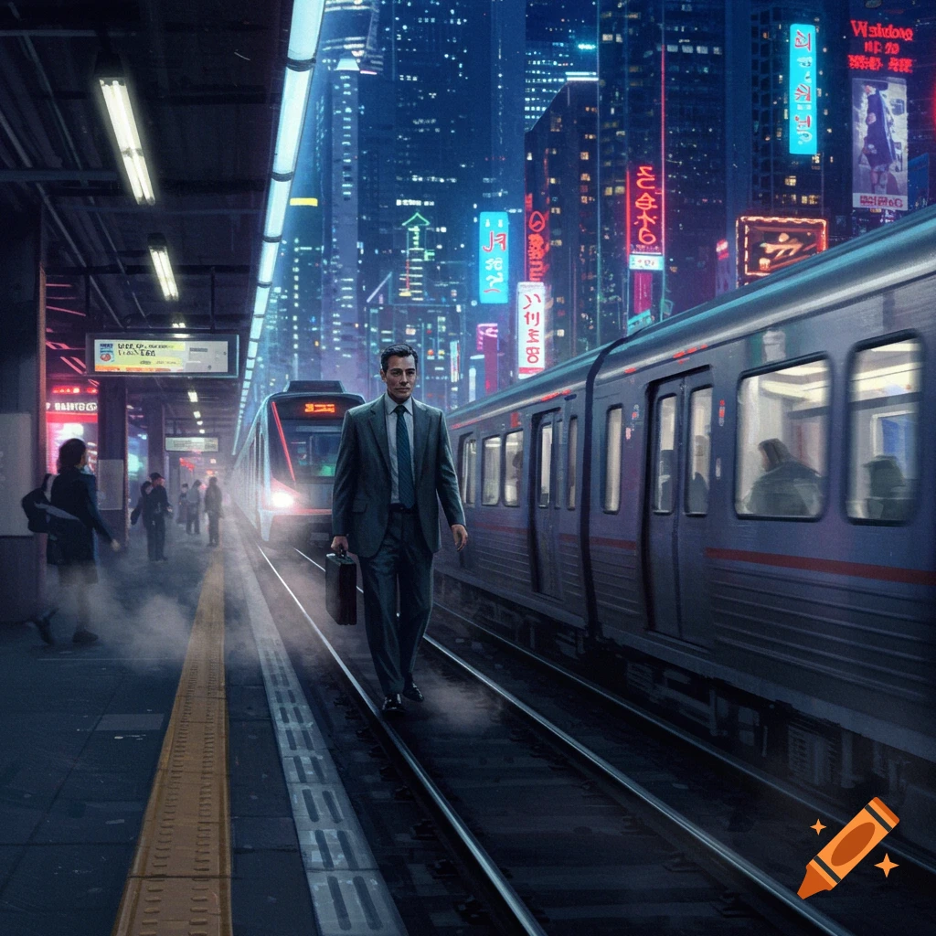 Man in a suit walks on train tracks between two trains at a neon-lit futuristic city station at night.