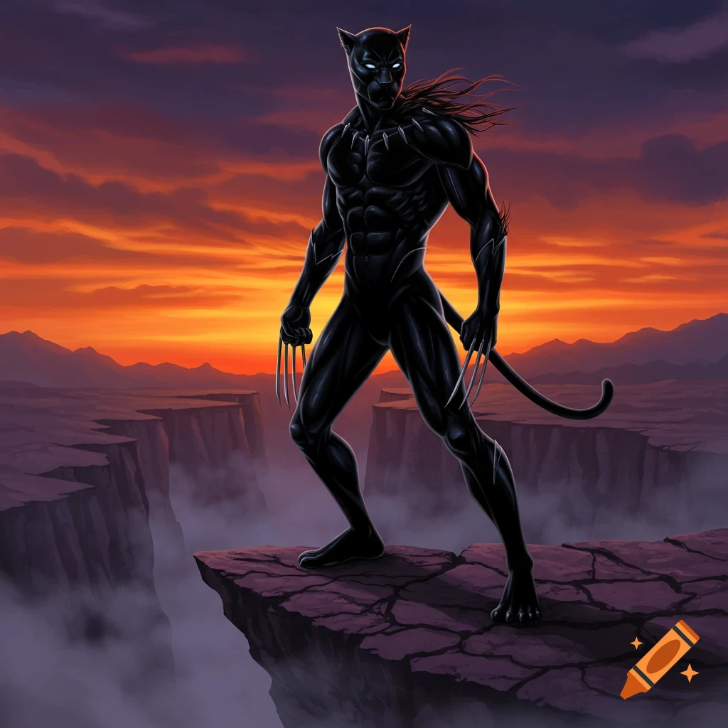 Stylized superhero with Black Panther suit and Wolverine claws stands on a cliff edge against a dramatic orange sunset.