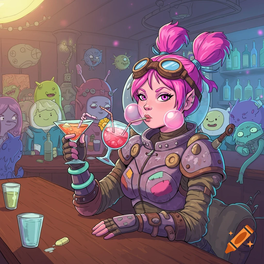 Pink-haired female space rogue in helmet and armor drinking cocktails at a lively alien cantina bar, in Adventure Time style.