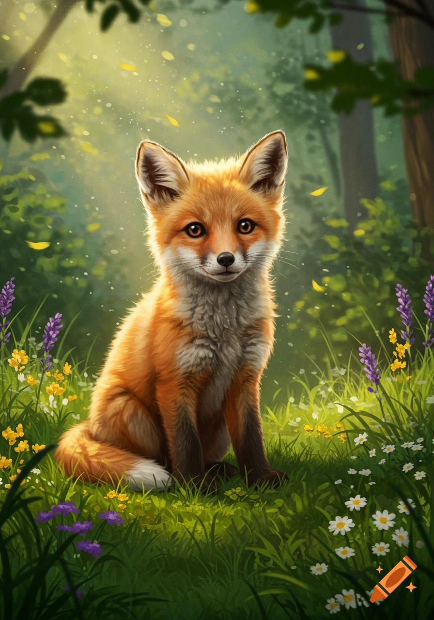 A cute baby fox with bright orange fur sits in a sunlit, vibrant green forest meadow filled with wildflowers and dappled light.