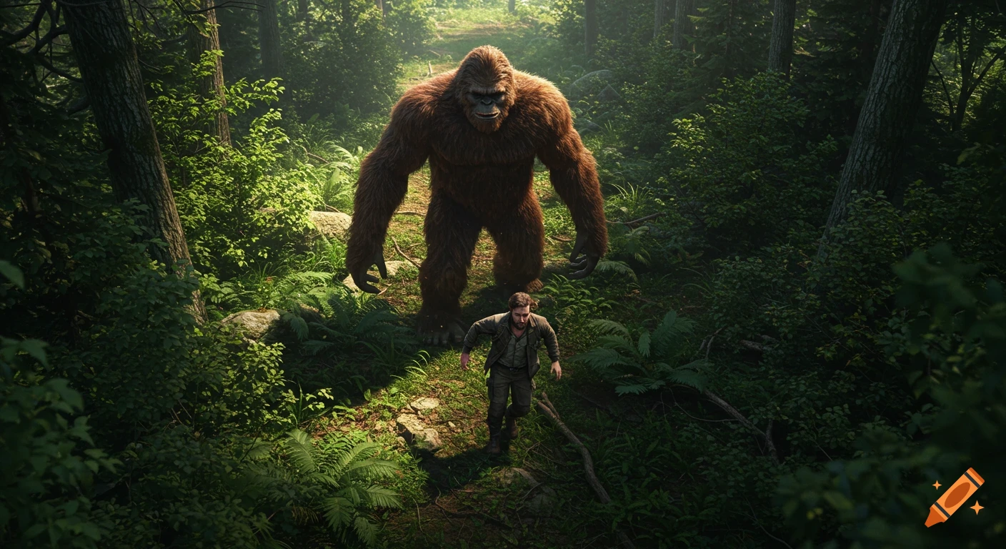 Photorealistic Bigfoot chasing a man through a lush, sunlit forest from an aerial perspective.