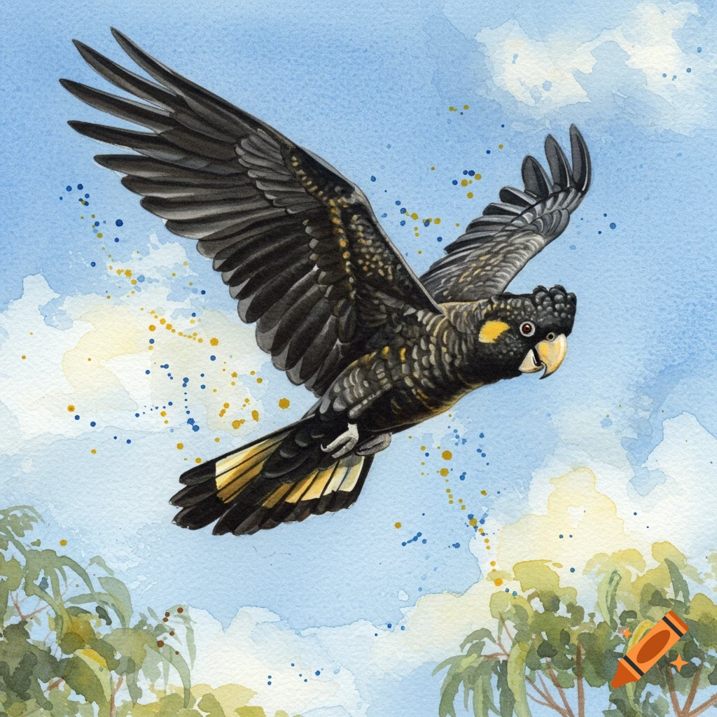 A black carnaby cockatoo with yellow markings spreads its wings flying across a blue watercolor sky above green trees.