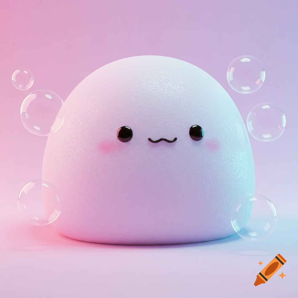 A cute, light purple, blob-like creature with a simple face and blush, surrounded by bubbles, on a pastel pink and blue background.