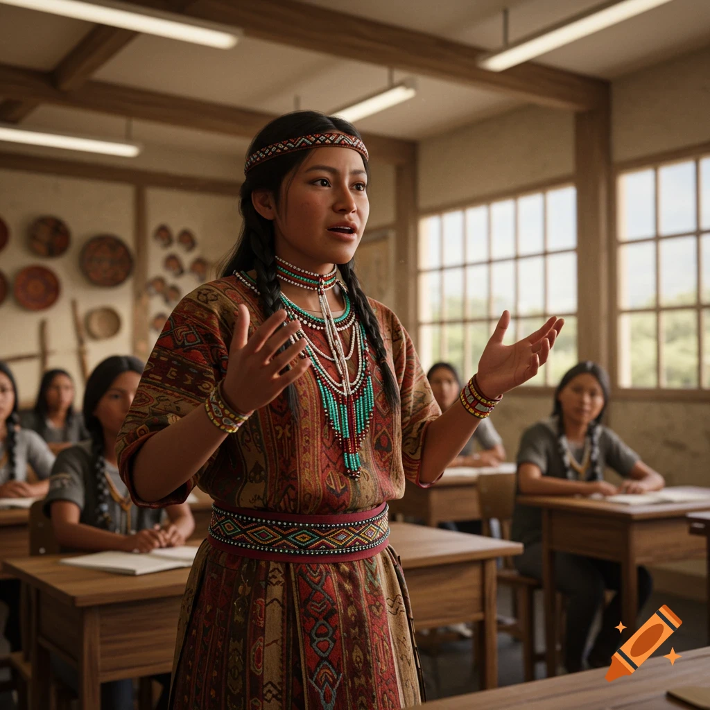 Photorealistic image of an Indigenous girl in traditional attire presenting to her classmates in a classroom.