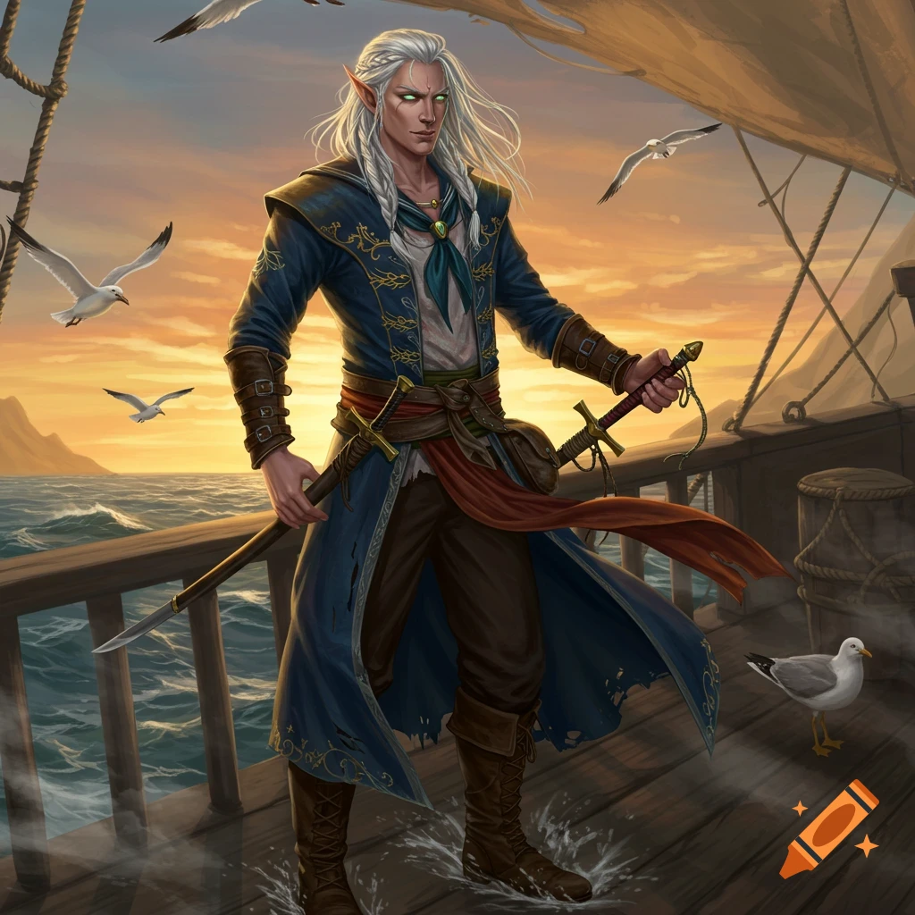 A white-haired elf in blue sailor's clothes stands on a ship's deck at sunset, holding two swords, with seagulls flying.
