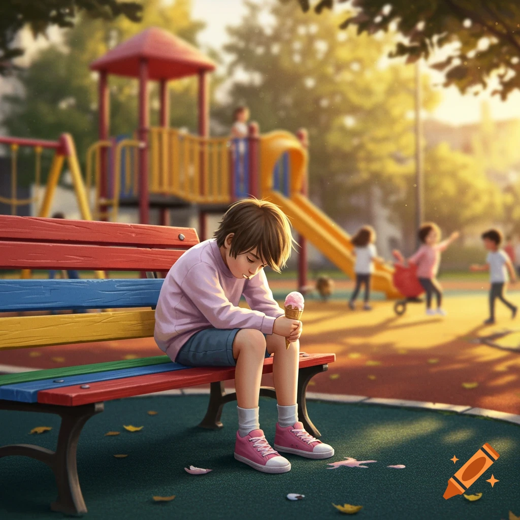A sad child sits on a colorful bench on a playground, holding a melting ice cream cone. Other children play in the background.