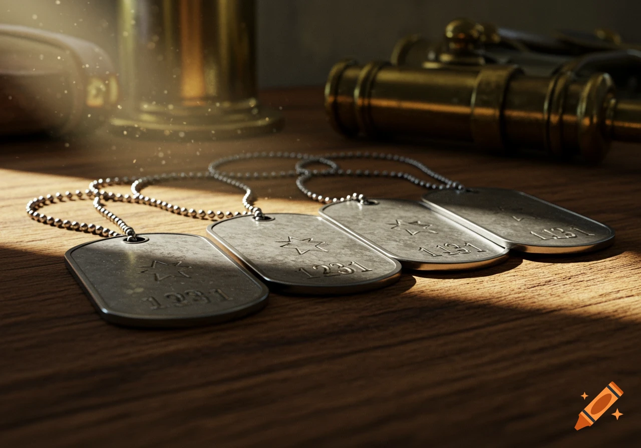 Four silver military dog tags with chains lie on a wooden table, with brass objects in the blurry background and a sunbeam.