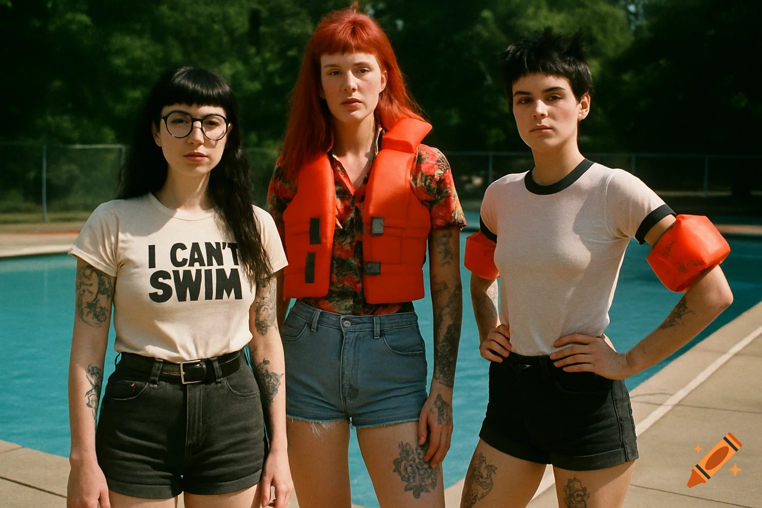 Three women with tattoos pose by a pool; one wears 'I CAN'T SWIM' shirt, another a life jacket, and the third water wings. Photorealistic.